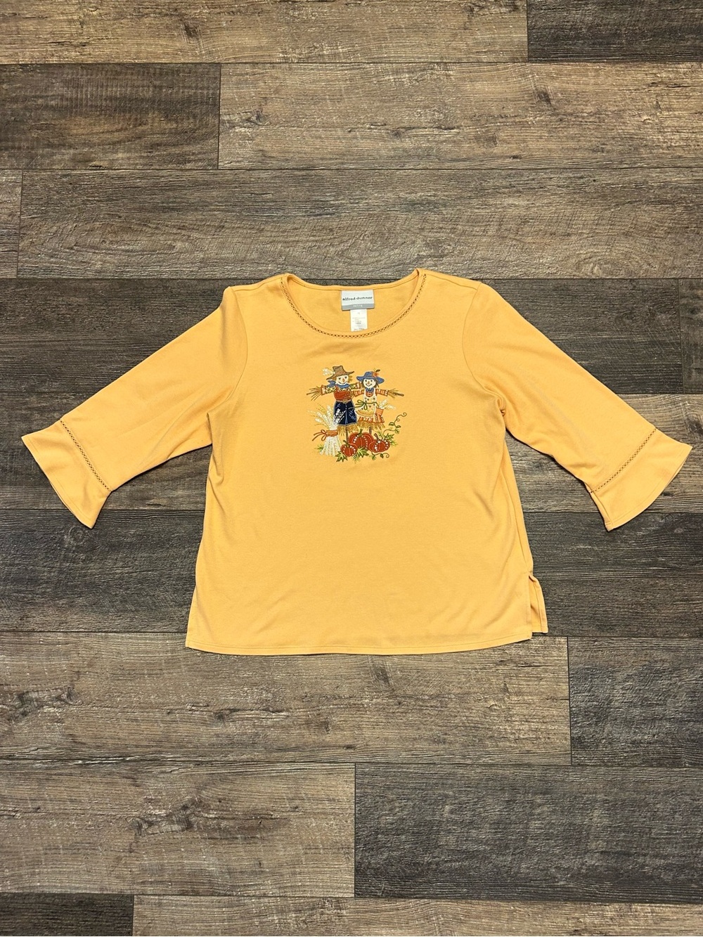 Cute Halloween Fall Scarecrow Embroidered Studded Top Bell 3/4 Sleeve Women’s S